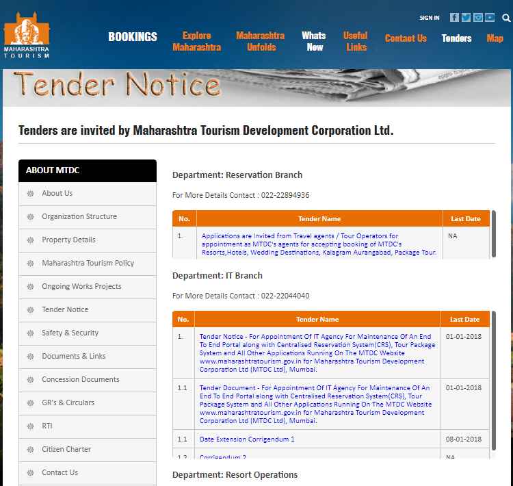 maharashtra tourism development corporation tenders