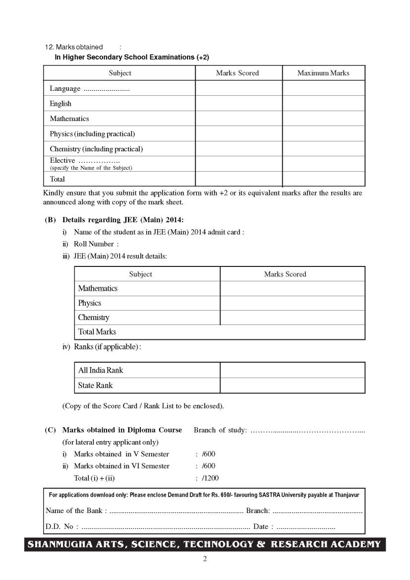 Sastra Application Form 2023 Printable Forms Free Online