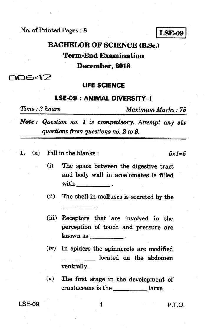 IGNOU LSE-09 Animal Diversity-I Question Paper - 2022 2023 