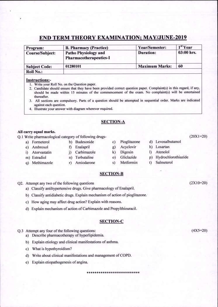 SGT University B.Pharmacy (Practice)1st Year Question Paper 2023
