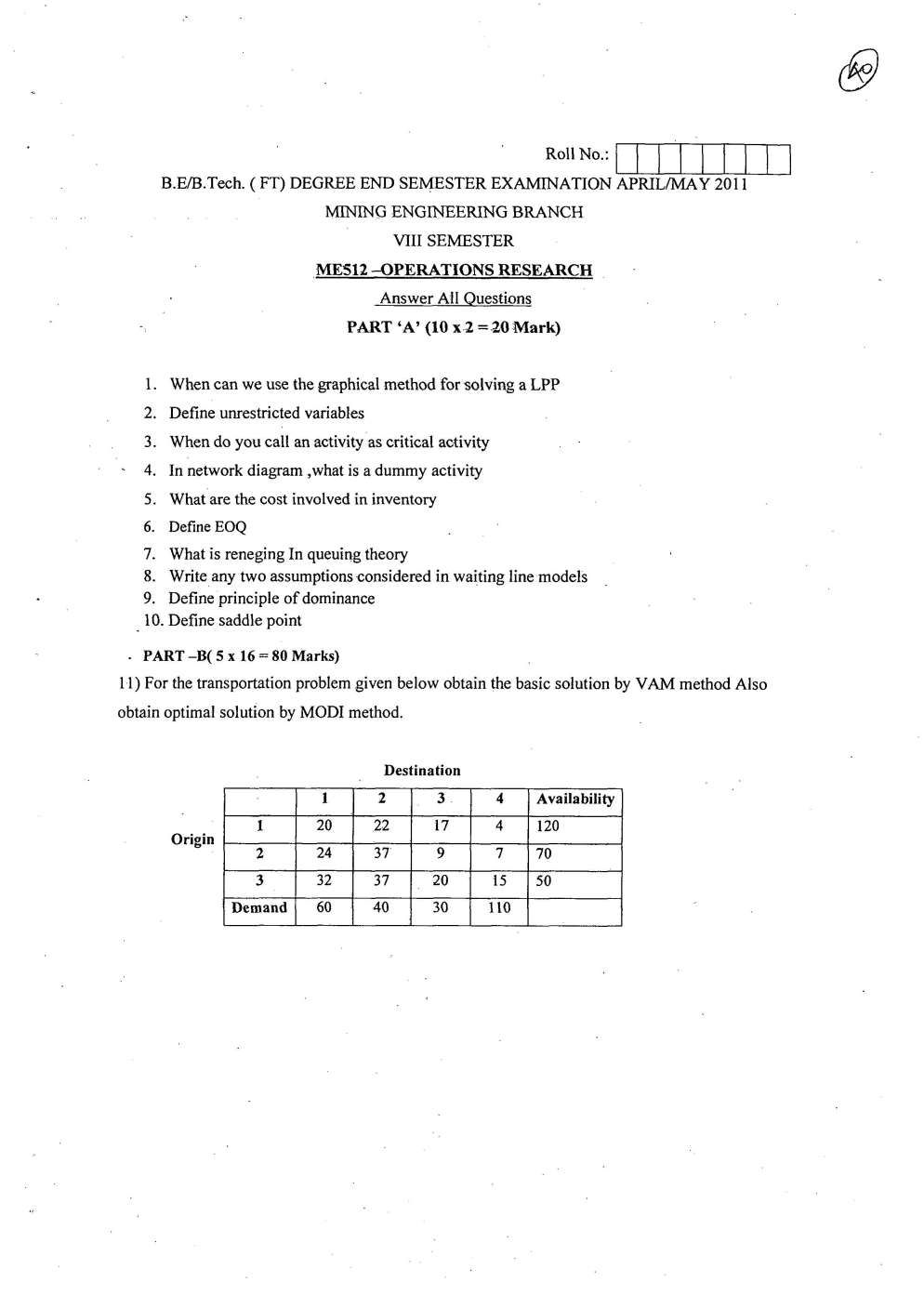 operation research question paper davv