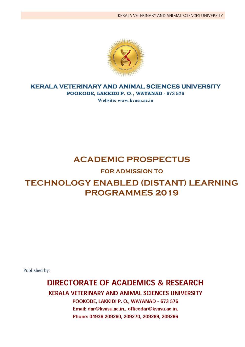 Kerala Veterinary and Animal Sciences University KVASU Prospectus  Technology Enabeled Distance Learning - 2022 2023 