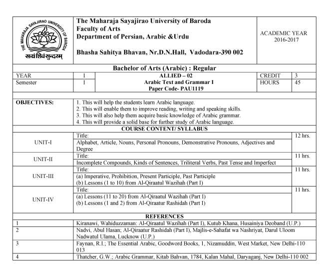 Maharaja Sayajirao University of Baroda BA Bachelor of Arts (Honours