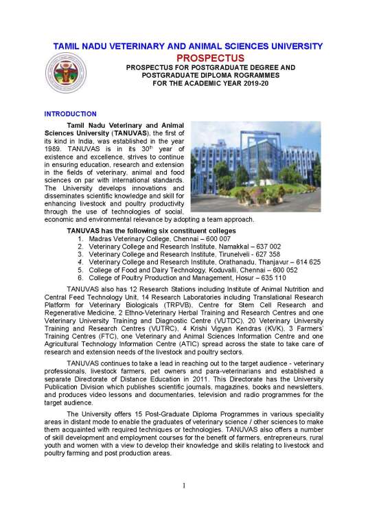 TANUVAS PG Diploma in Veterinary Laboratory Diagnosis Admission Prospectus  : Tamil Nadu Veterinary and Animal Sciences University - 2022 2023  